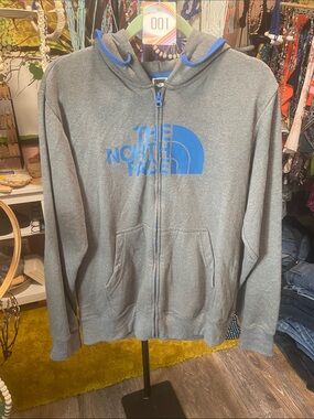 The North Face Gray Zip-Up Hoodie with Blue Logo